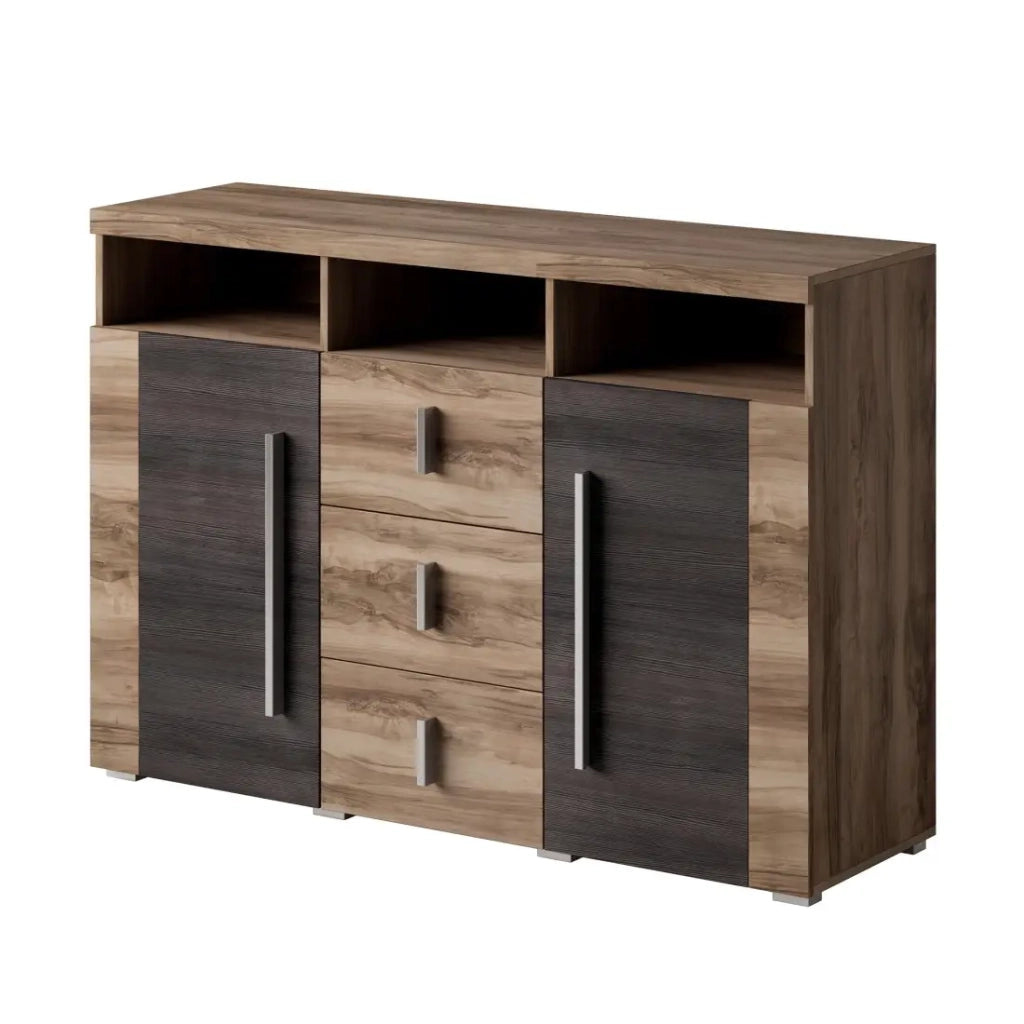 Buffet BRAZZA 2 porte 3 cassetti – Colore noce satinato – Niche aperte – 132 cm
