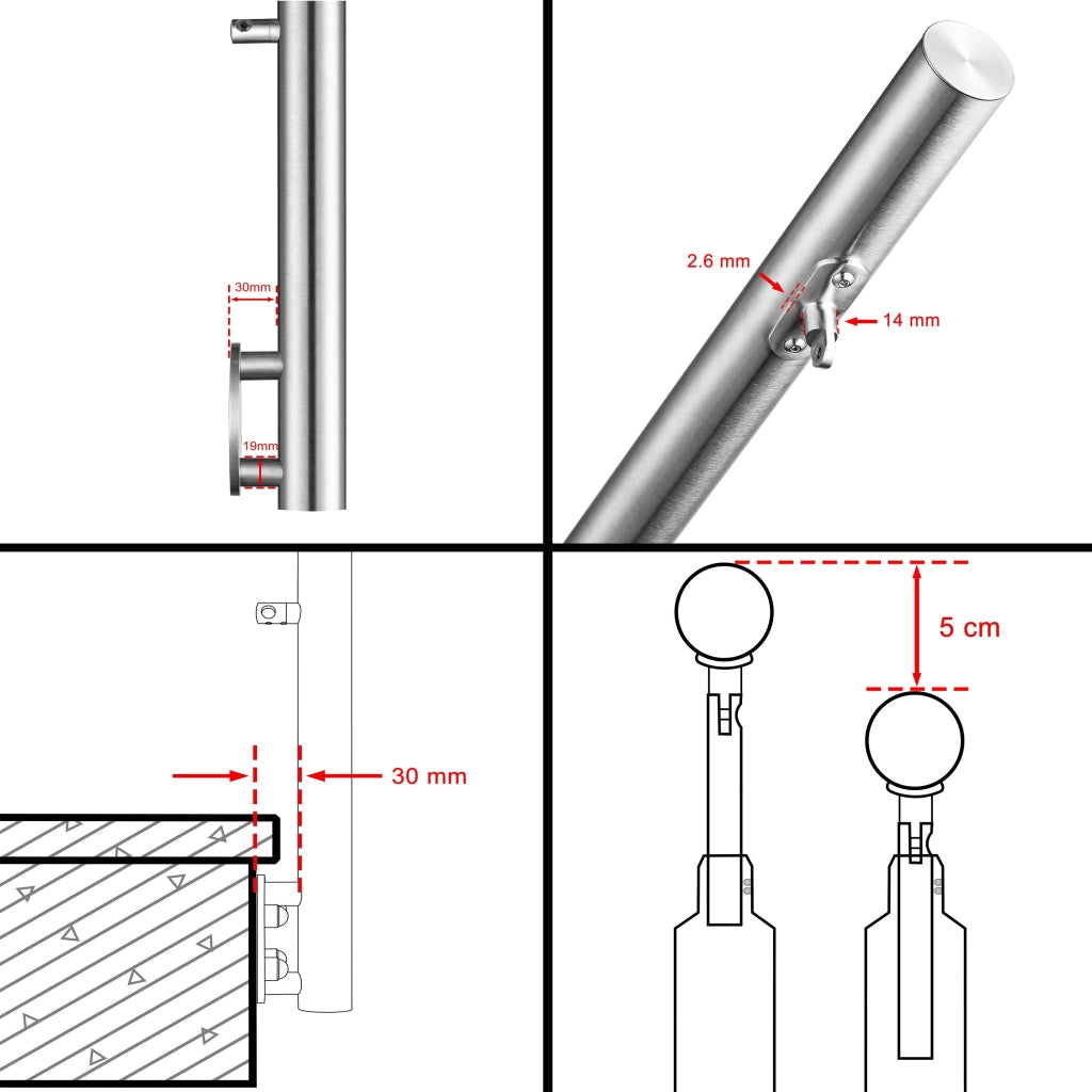 Ringhiera Balaustra Corrimano in acciaio inox 304 spazzolato per scale 120 cm, 5 barre trasversali, fissaggio laterale, per interni ed esterni