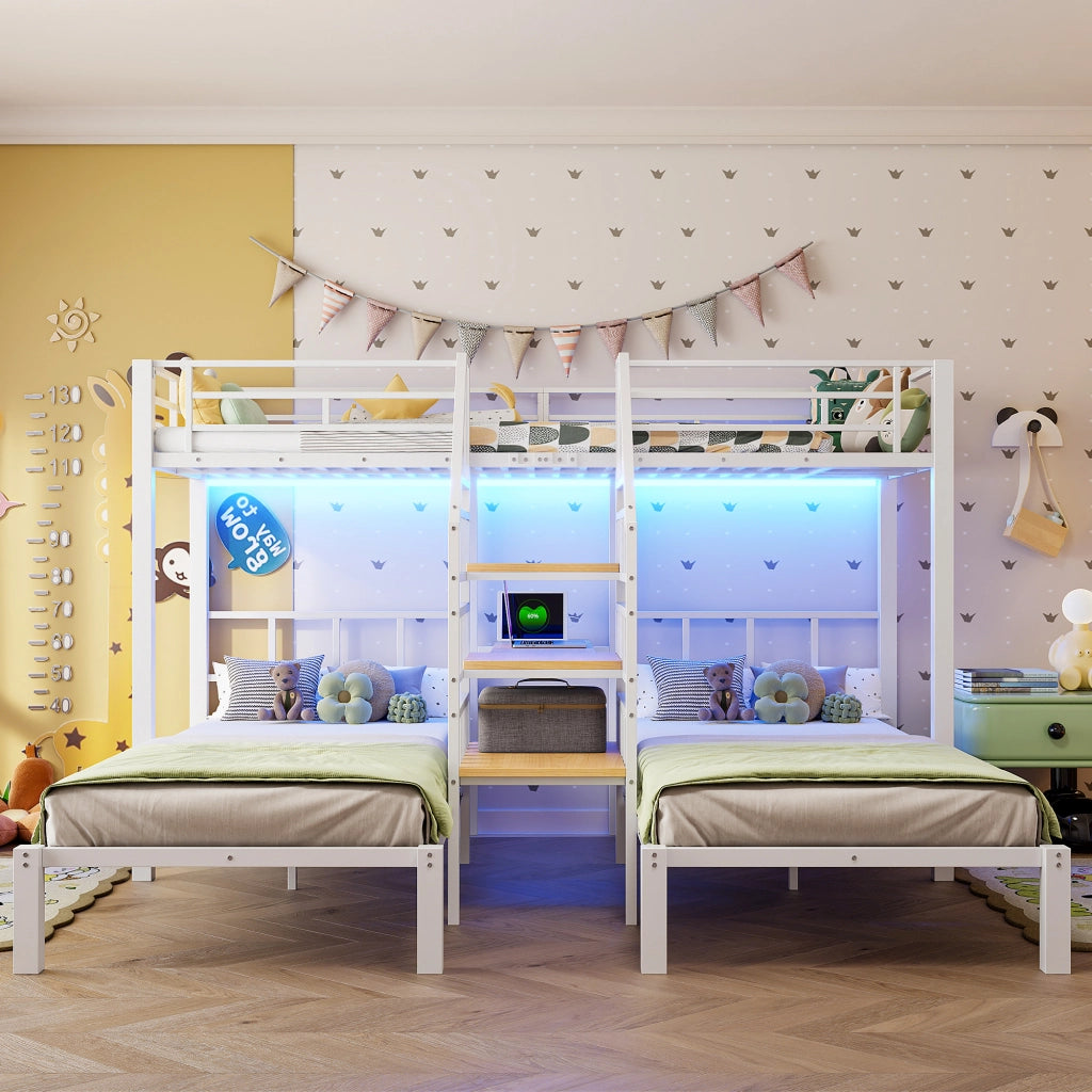 Letto a soppalco 3 posti con LED; scrivania; ripiani; USB e presa; senza materasso; 90×200 cm