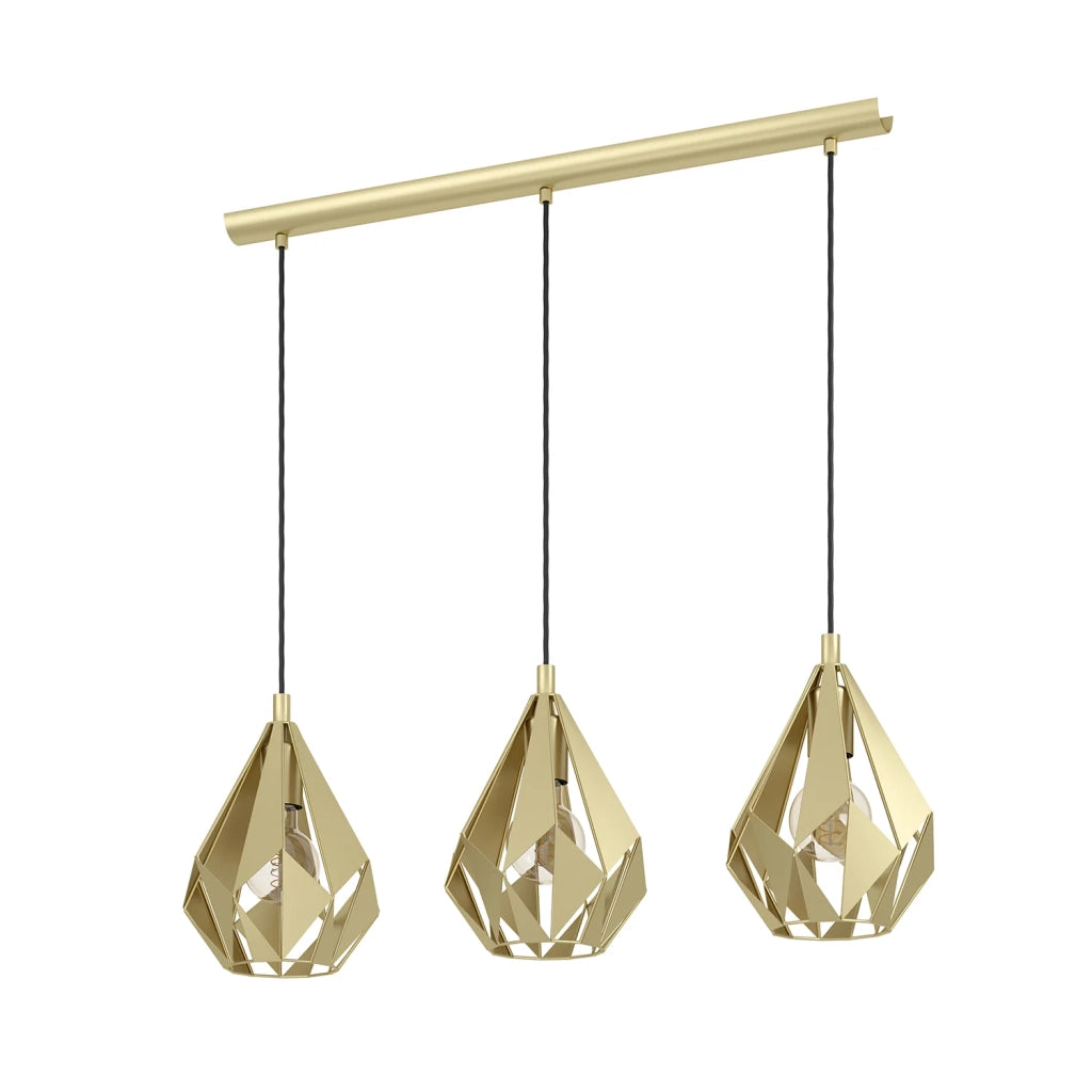 Lampadario A Sospensione Vintage Carlton Acciaio Oro 3 Luci E27