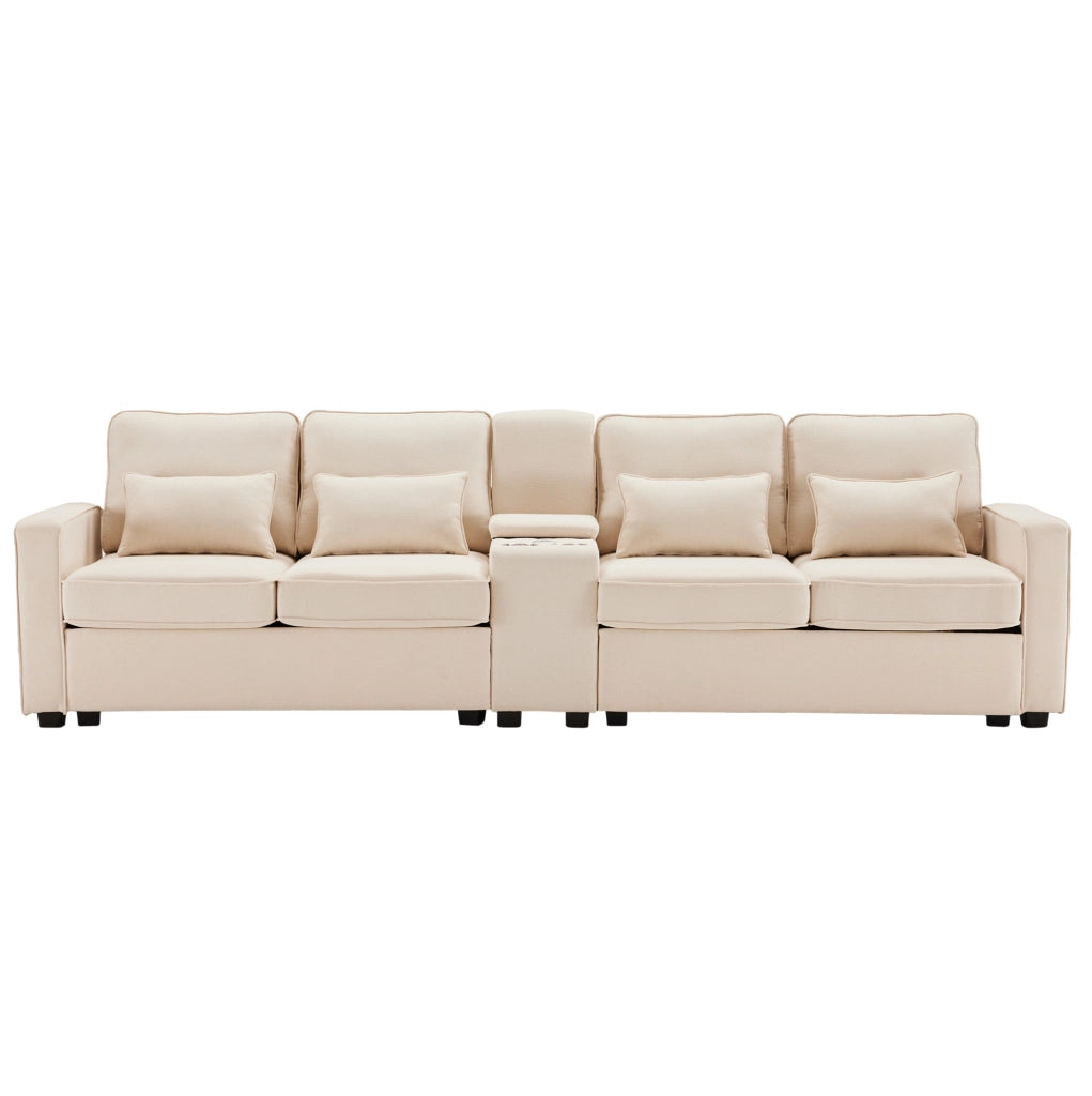 Sofa 4 posti in tessuto effetto lino beige con console; portabicchieri; USB e cuscini