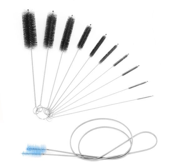 Set di pennelli per pulizia 11 pezzi - Pennello flessibile 155 cm - Set di pennelli in nylon - Manico in acciaio inossidabile - Adatto per acquari e bottiglie