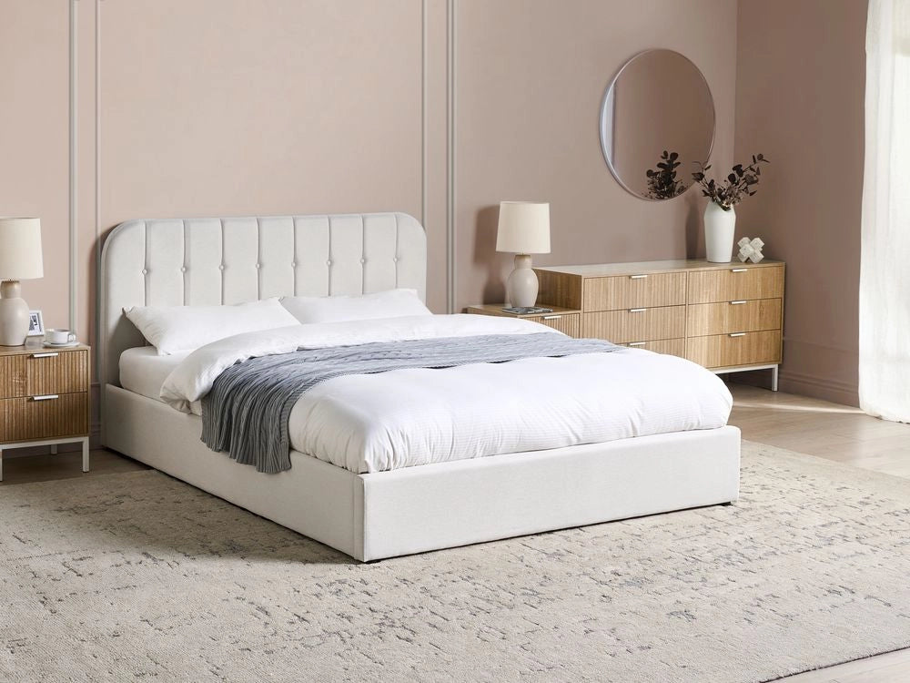 Letto Matrimoniale con Contenitore in tessuto bianco sporco 160 x 200 cm con testiera a doghe
