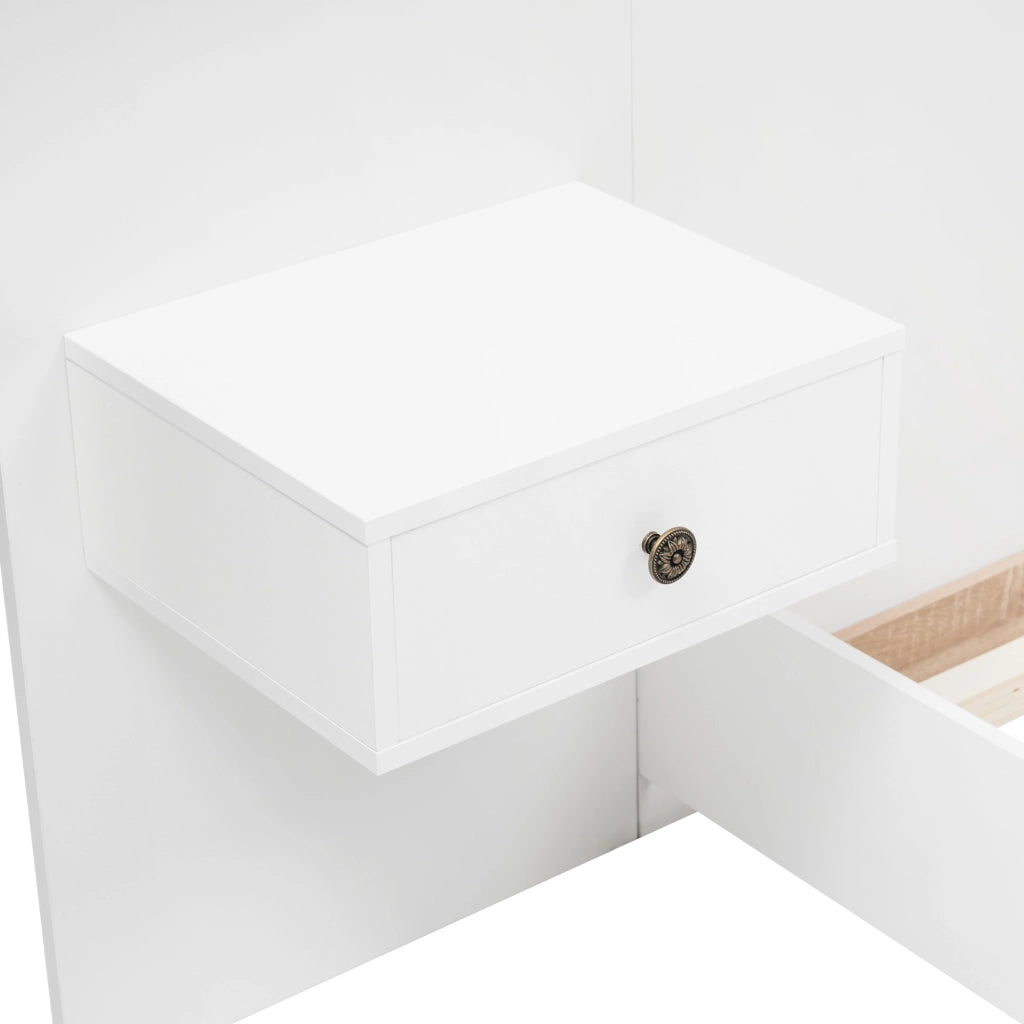 Letto Matrimoniale 140x200 cm - 2 Comodini LED; USB e Type-C - in Legno - Bianco Rovere