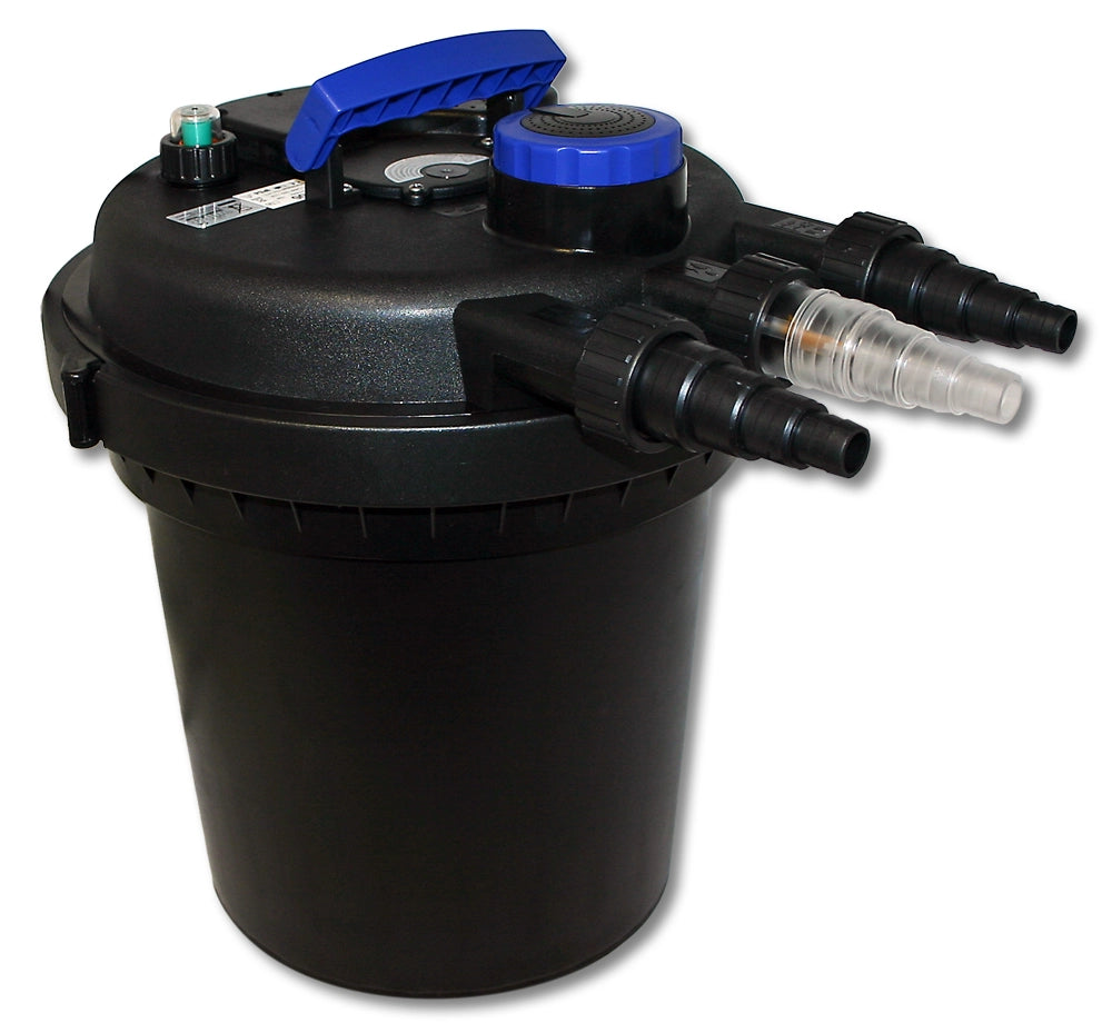 Set Filtro a pressione per laghetto 10000l con UVC 11W Pompa ECO 20W Tubo 25m Skimmer CSP-250