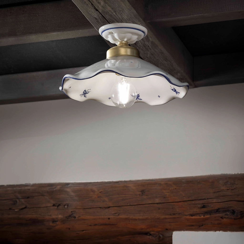 Plafoniera Classica Belluno Ceramica E Ottone Decorato Filo Blu 1 Luce E27
