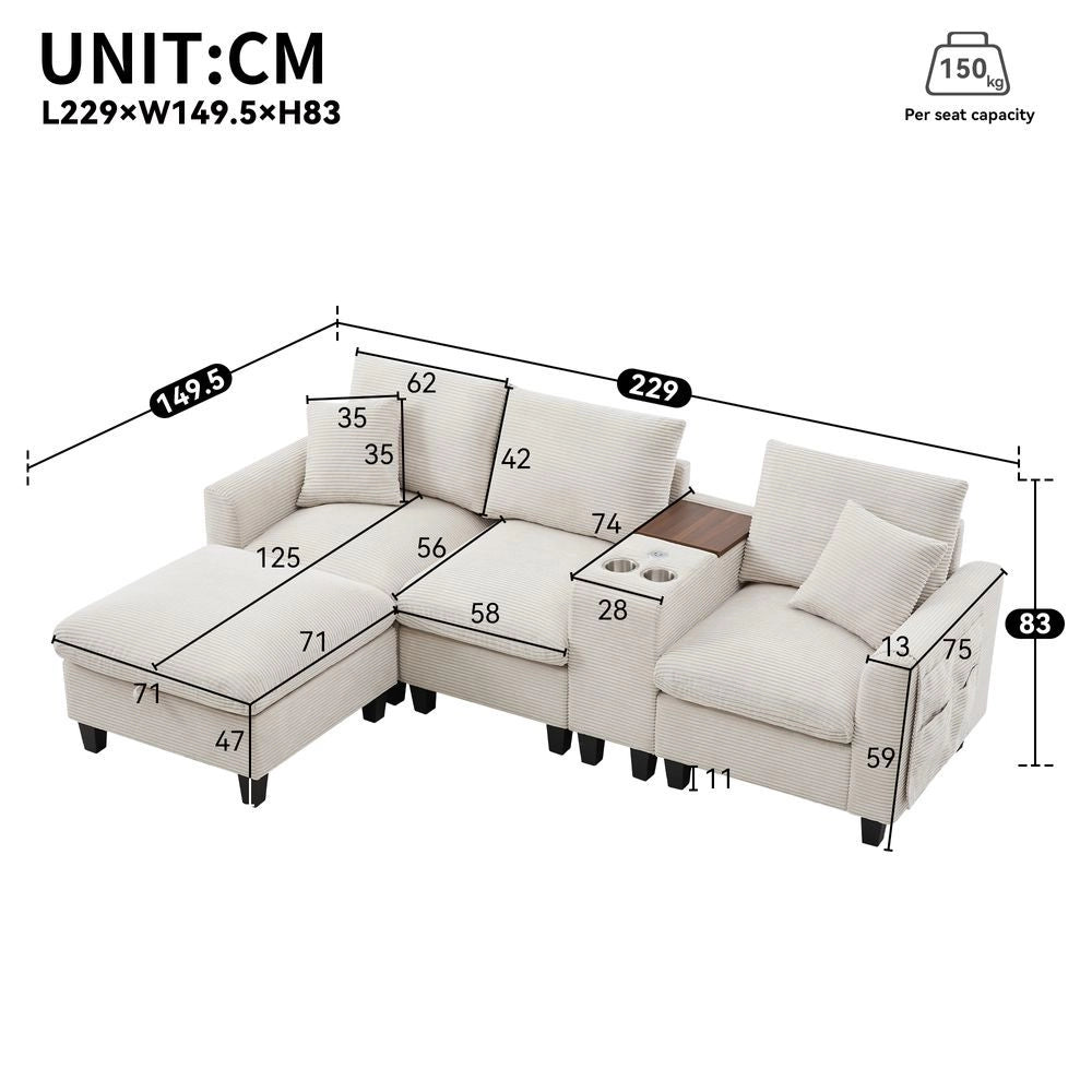 Divano angolare a L - Xylo - Velluto, console con USB, ripostiglio, beige