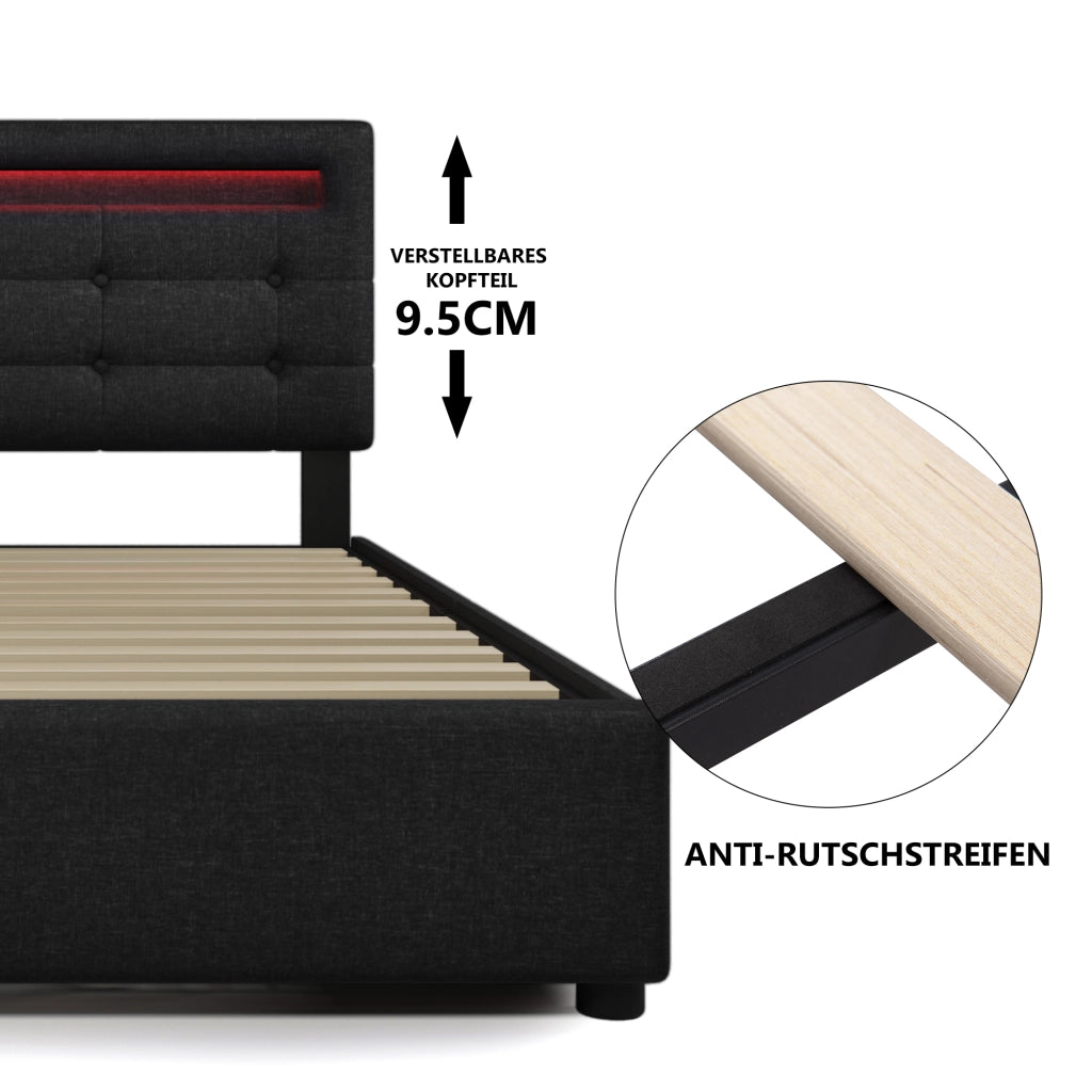 LETTO imbottito 90x200 cm con LED, 2 cassetti, nero