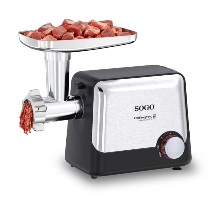 Tritacarne elettrico 500W con 3 dischi di taglio, funzione inversa, 2 velocità, accessori completi per salsicce - SOGO