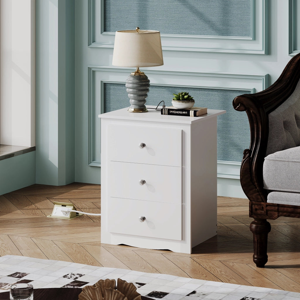 Comodino 3 Cassetti con Prese USB ¨C Zephmum ¨C Bianco 40x40x50 cm