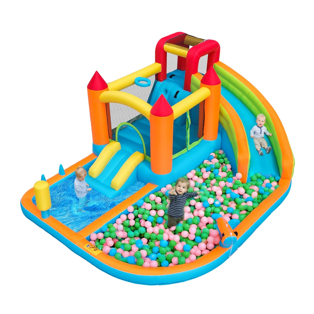 [Castello gonfiabile multifunzionale per esterni] Con soffiatore, scivolo acquatico + trampolino + canestro da basket + pistola ad acqua, 2 aree