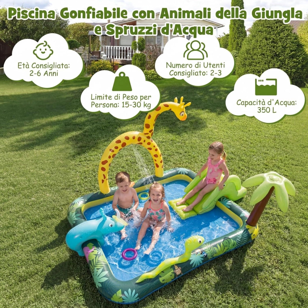 Piscina Gonfiabile Bambini, Parco Giochi Acquatico a Tema Giungla con Scivolo, Irrigatore a Arco, Gioco degli Anelli e 2 Toppe di Riparazione per Bambini 2-6 Anni, 208 x 178 x 138 cm