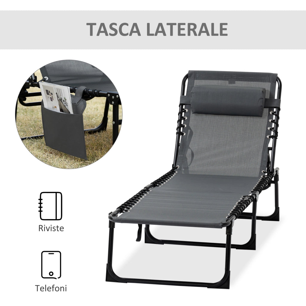 Sdraio da Giardino Pieghevole con Schienale Reclinabile su 5 Posizioni e Cuscino. 185x58x30cm. Grigio