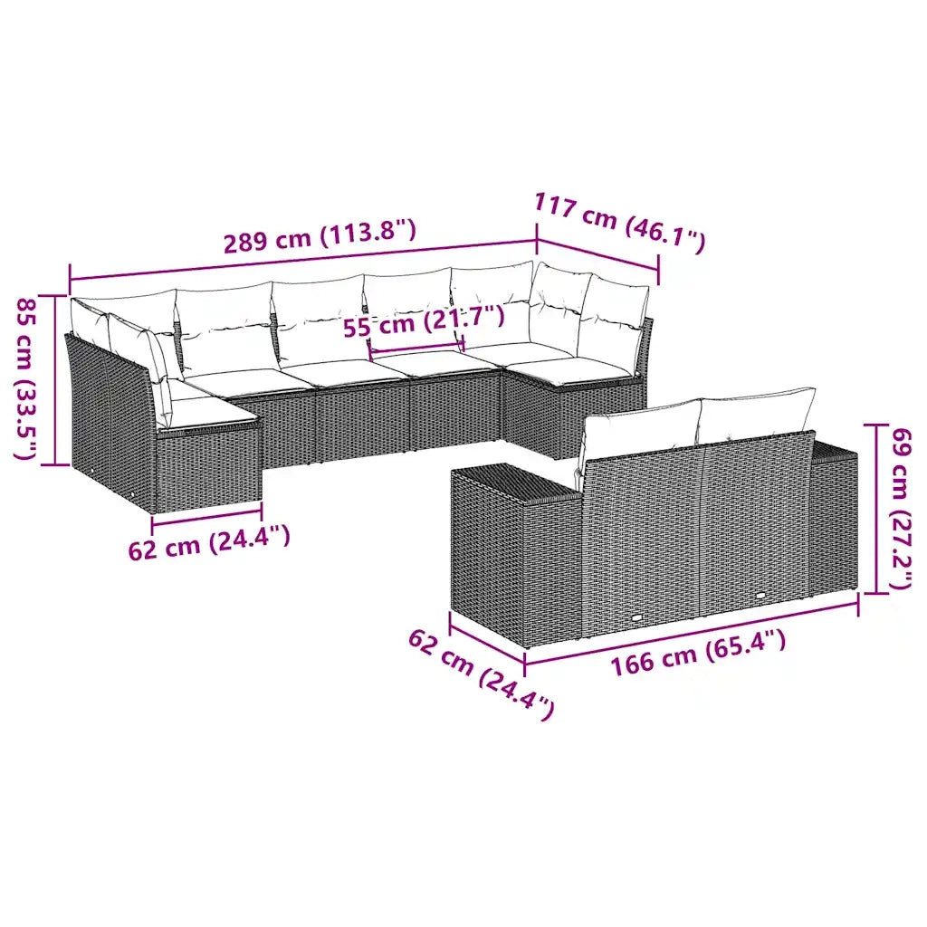 Set Divano da Giardino 9pz con Cuscini Grigio Chiaro Polyrattan
