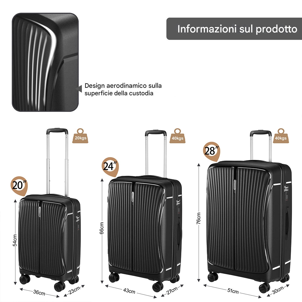 Set 3 Valigie Rigide ABS 90 59 38 Litri con Ruote Easy Roll e Lucchetto Nero