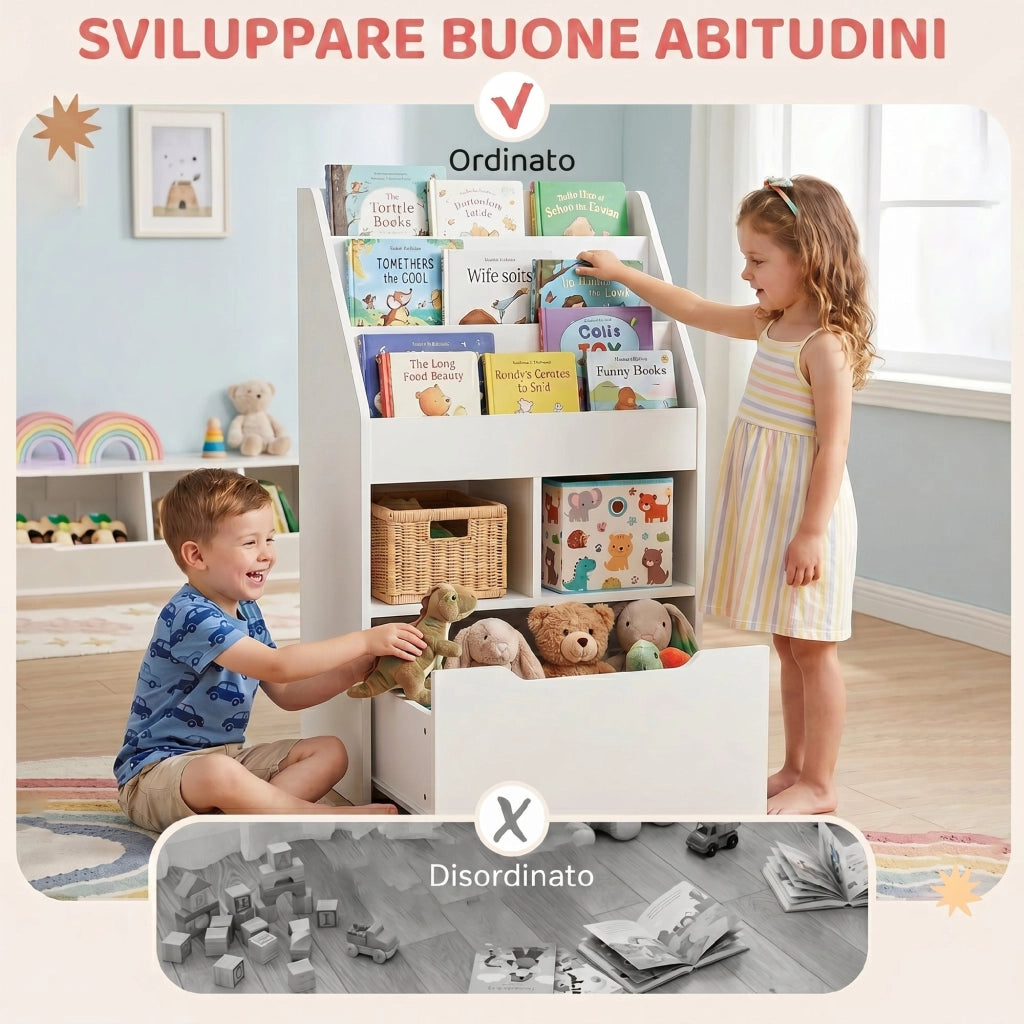 Libreria per Bambini con Ripiani e Cassetto ¨C zephmum ¨C Bianco, MDF, 60x30x90