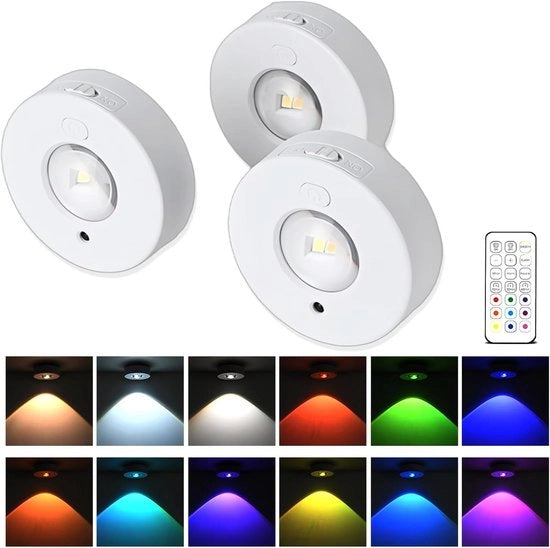 Lampada LED RGB dimmerabile per illuminazione di base con telecomando, 3 pezzi, impianto magnetico alimentato da batterie per armadi cucina, bianco caldo, luce di giorno, bianco freddo + RGB
