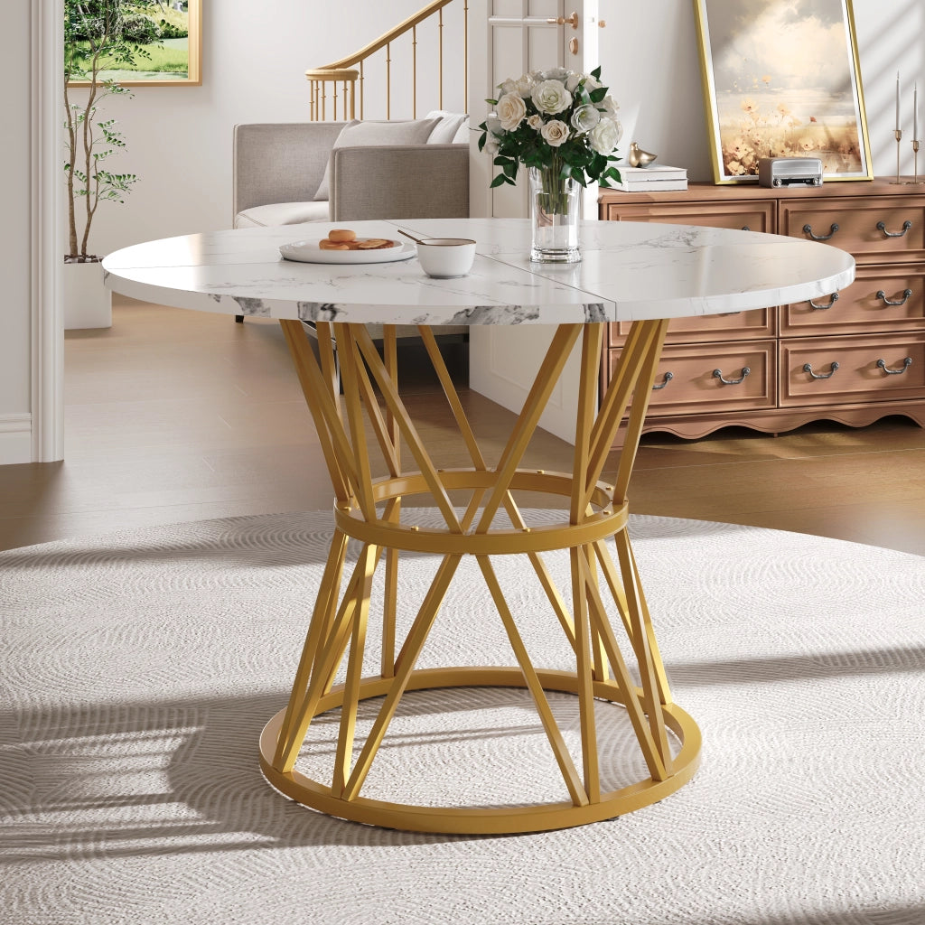 Tavolo da Pranzo Rotondo per 4 Persone ¨C Xylo ¨C Piano MDF Effetto Marmo, Gambe in Metallo Dorato, 100x100x76