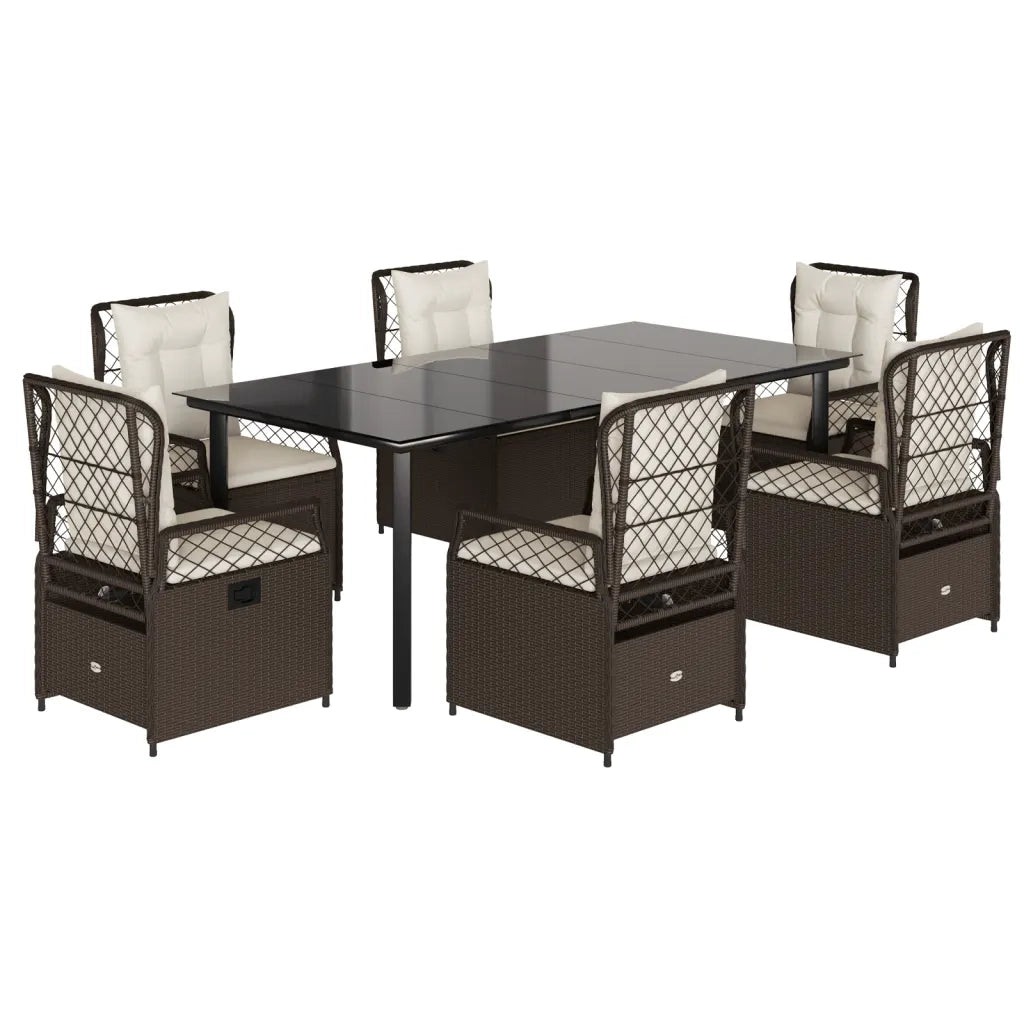Set da Pranzo da Giardino 7pz con Cuscini in Polyrattan Marrone