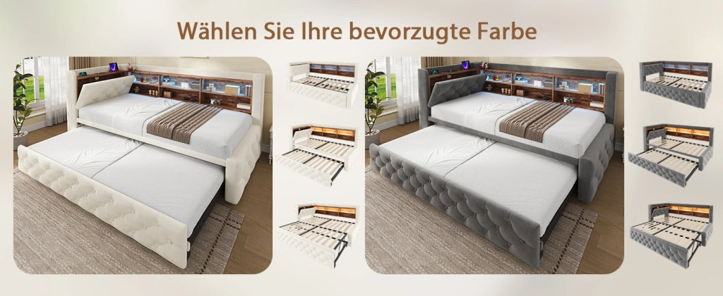 Divano letto estraibile 90x190 cm in velluto beige con contenitore, USB, Type-C e LED