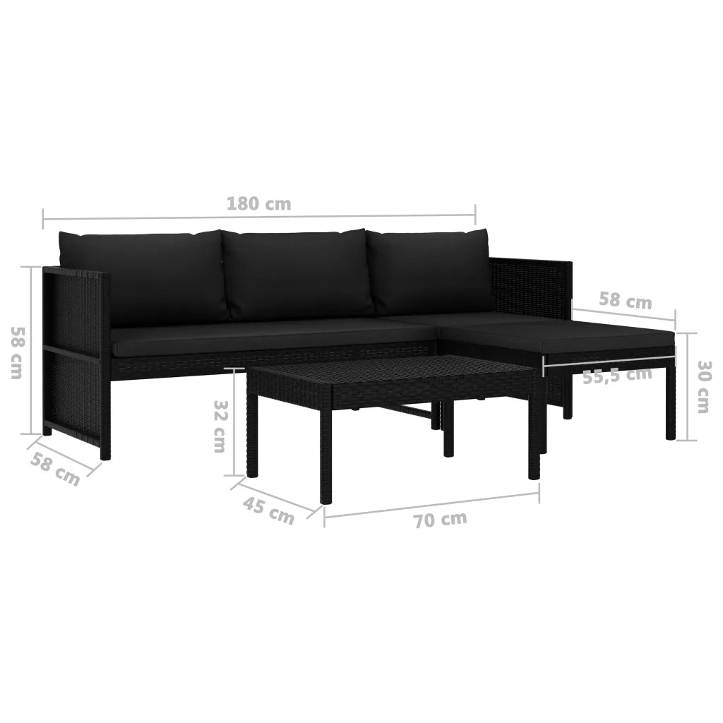 Set Divani da Giardino 3 pz con Cuscini in Polyrattan Nero 47400