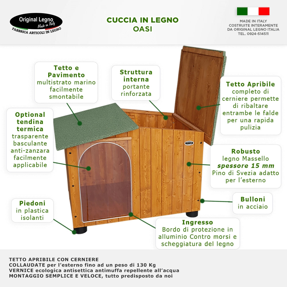 CUCCIA IN LEGNO DA ESTERNO MISURA ALANO MOD OASI CON DUE INGRESSI SENZA SEPARÈ CON 2 "TENDINE OMAGGIO" L.119 x P.90 x H.87