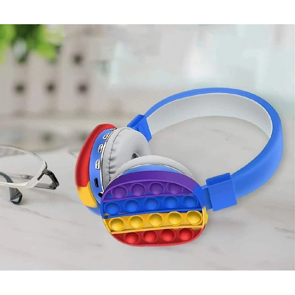 Trade Shop - Cuffie Popit Blu Bambini Wireless Radio Bluetooth Arcobaleno Pieghevole Sd Usb -
