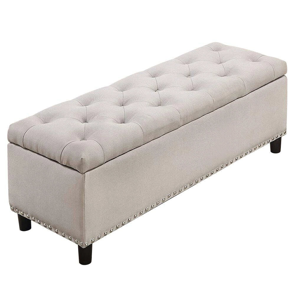Cassapanca Pouf Contenitore Panca Sgabello Poggiapiedi Legno e Tessuto Beige