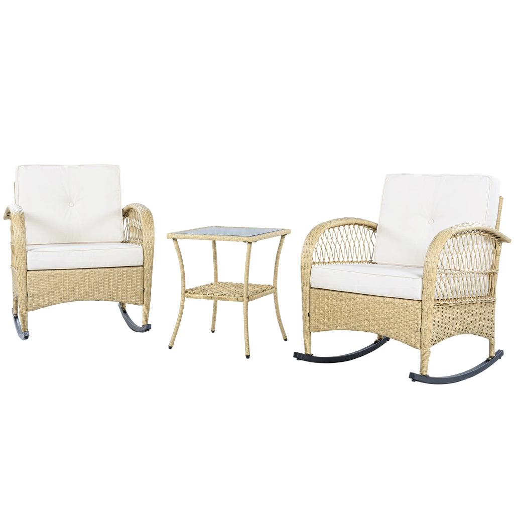 Set da balcone a dondolo 3 pezzi con tavolino in vetro temperato e cuscini beige