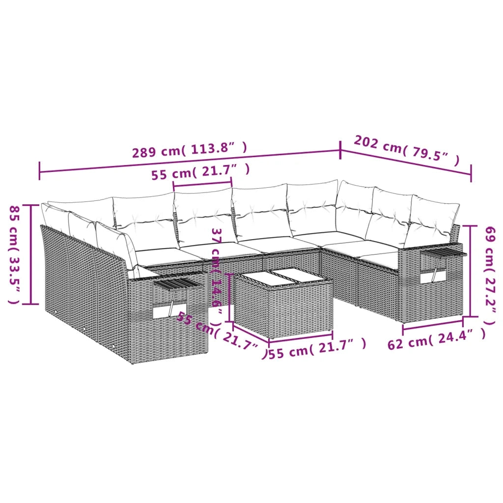 Set Divano Giardino 10 pz con Cuscini Grigio Chiaro Polyrattan