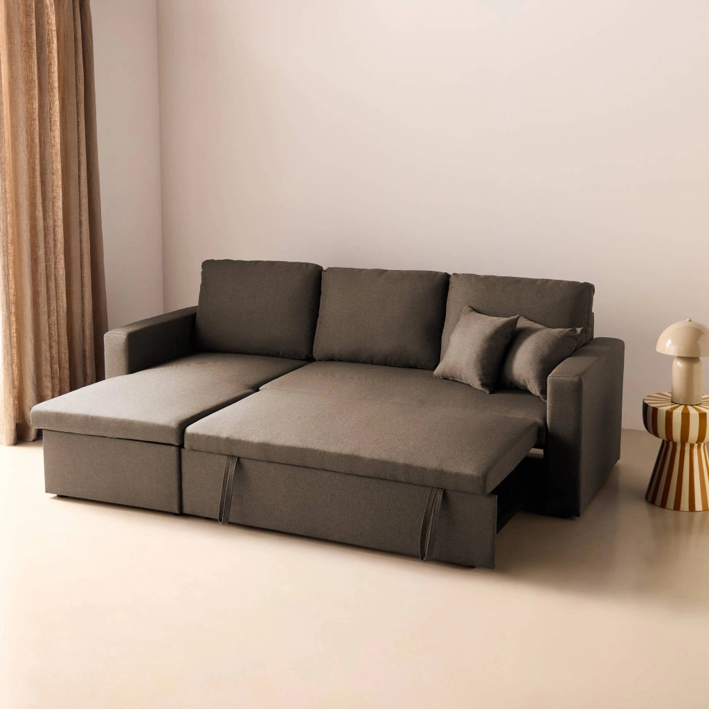 Divano letto angolare reversibile con contenitore, 3 posti, marrone