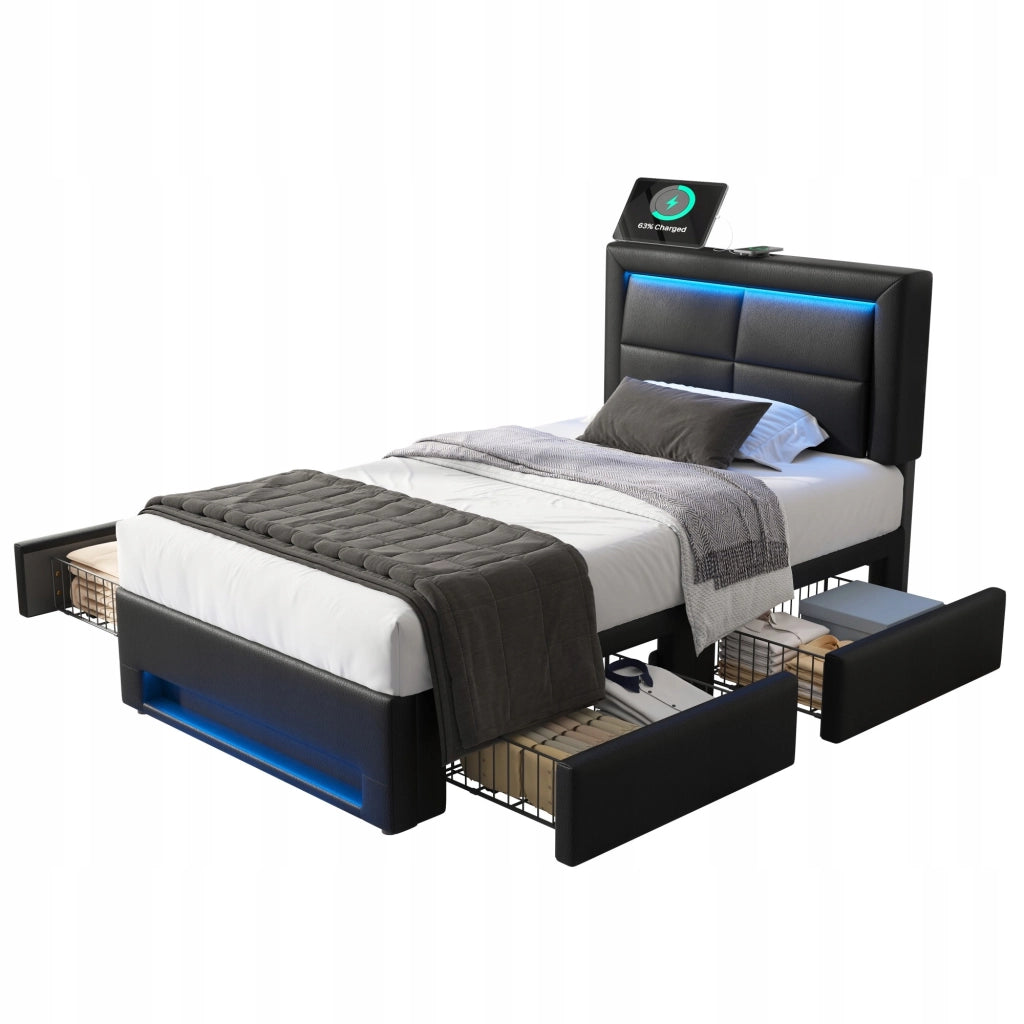 Letto imbottito con USB, LED, 4 cassetti - Xylo - 90x200 - Nero