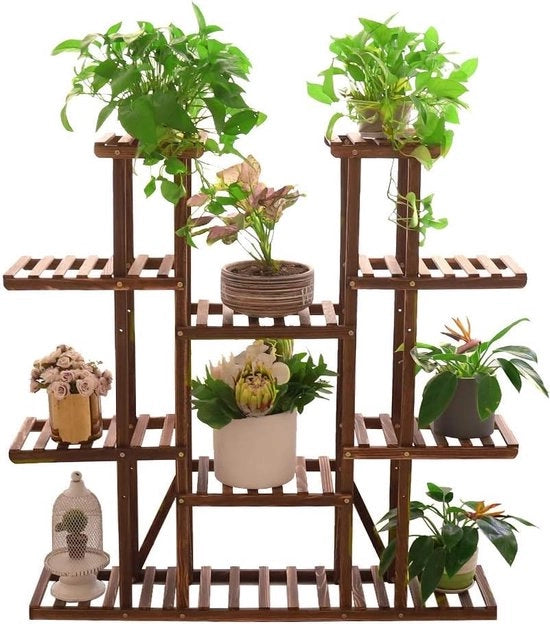Piano per piante in legno, grande piattaforma per fiori con 11 livelli, supporto per fiori giardino, piattaforma per piante con più livelli, 115 × 25 × 116cm