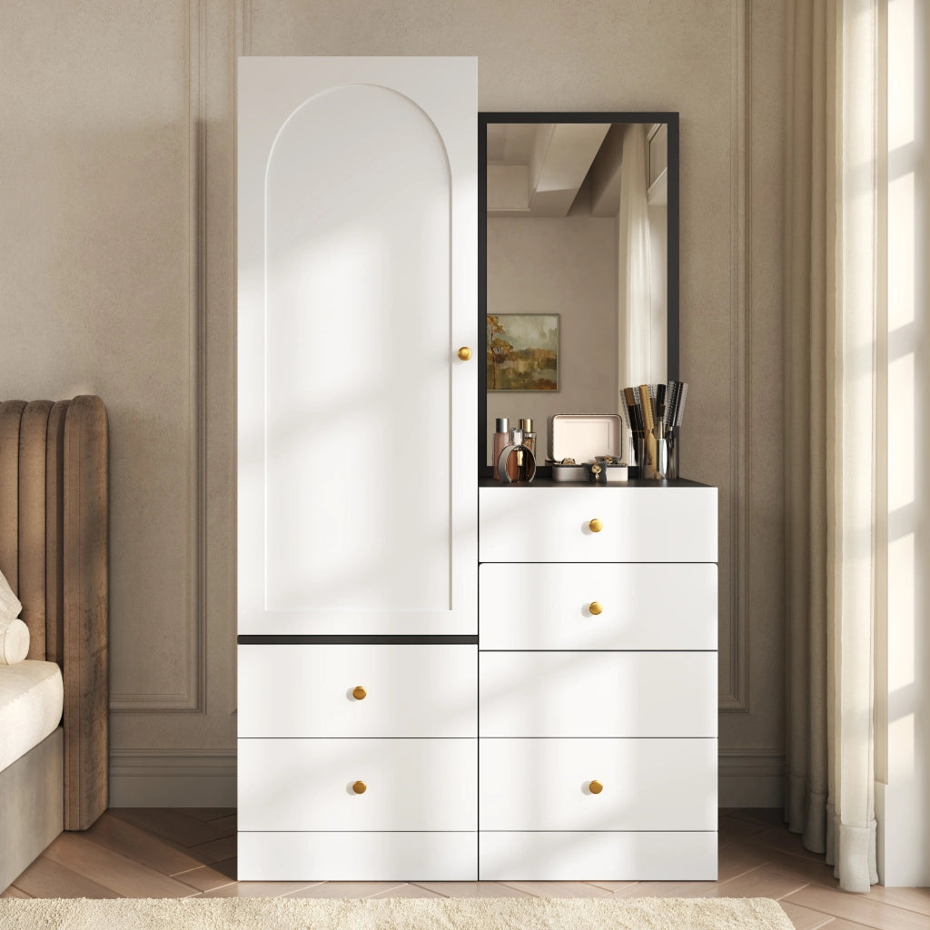 Toeletta con armadio laterale, specchio intero, 6 scomparti e 4 cassetti, per camera da letto, 90 × 50,5 × 160 cm