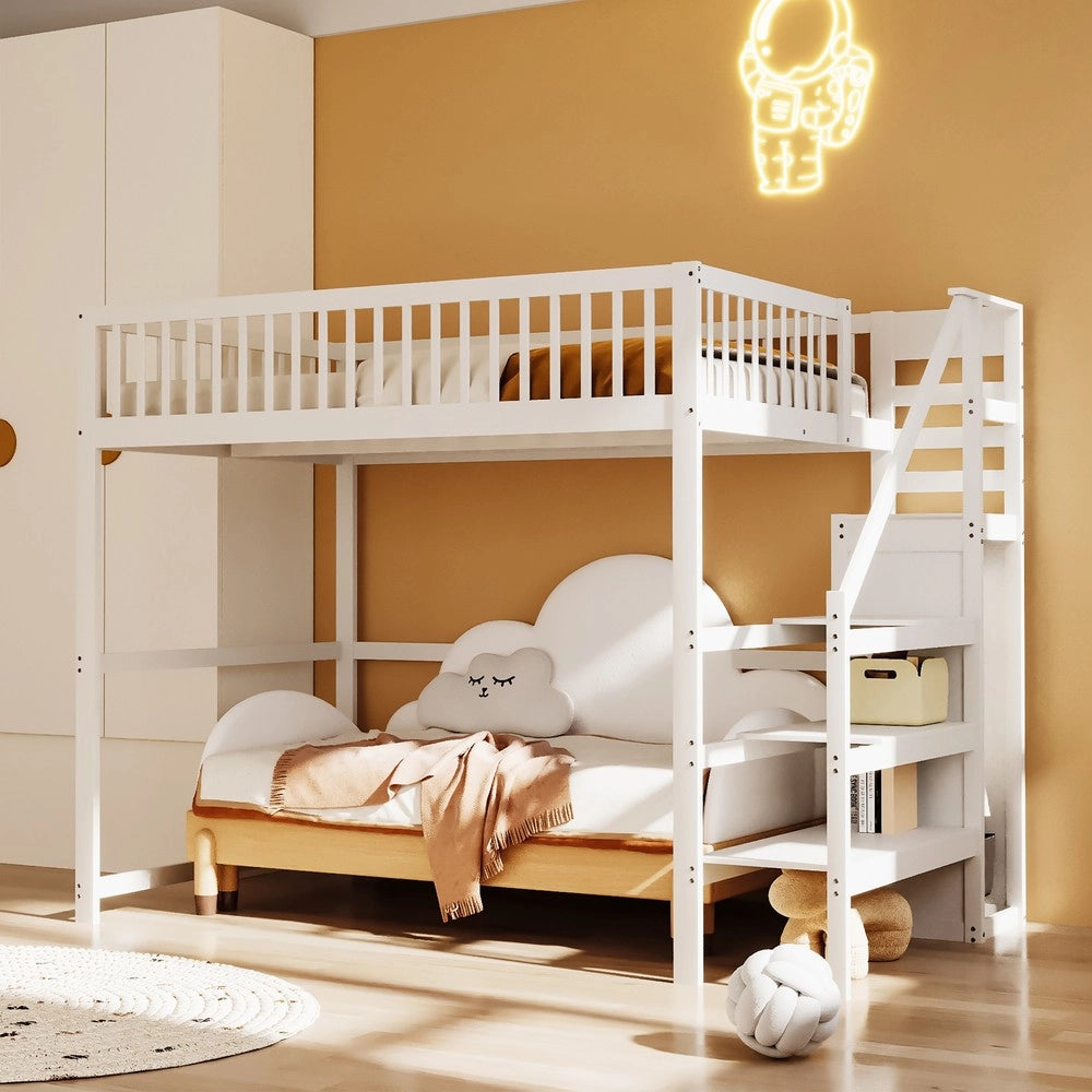 Letto a Soppalco con Scala e Armadio ¨C MINIMAL ¨C Legno Bianco 140x200