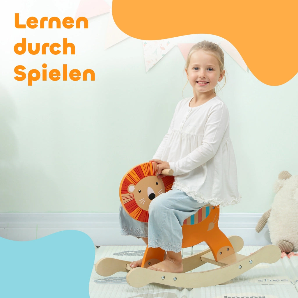 Cavallo a Dondolo con Design Leone per Bambini ¨C Minimal ¨C Legno Arancione