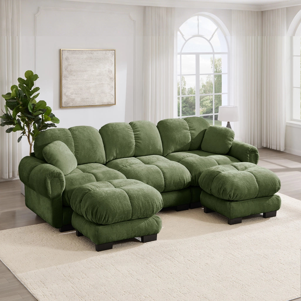 Divano angolare convertibile 3 posti con pouf mobile e 2 cuscini, Chenille Verde