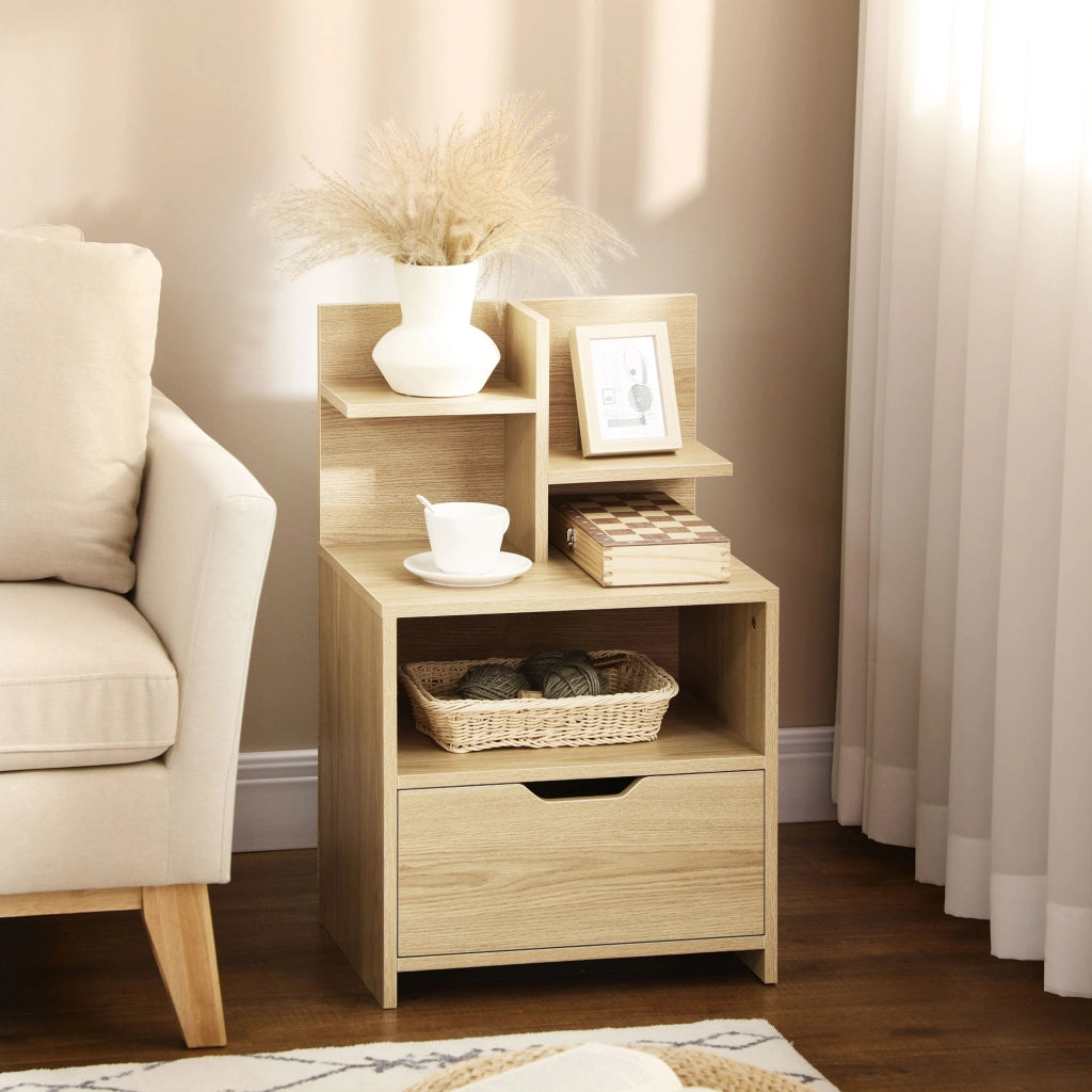 Comodino con cassetto e ripiani ¨C Xylo ¨C Effetto legno naturale 45x35x73 cm