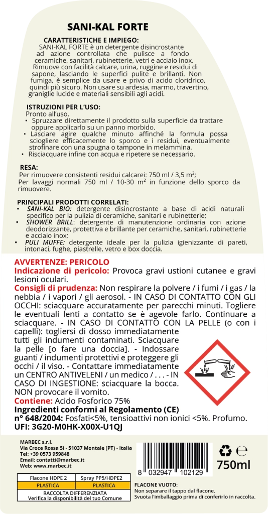 Detergente anticalcare forte bagno SANI-KAL FORTE - 750MLx6Pz