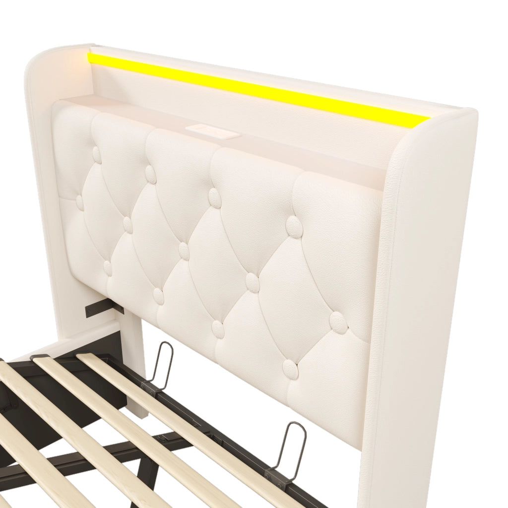 DESMIU Letto singolo 90 × 200 cm con contenitore, LED, USB e Type-C, con materasso, in PU, bianco