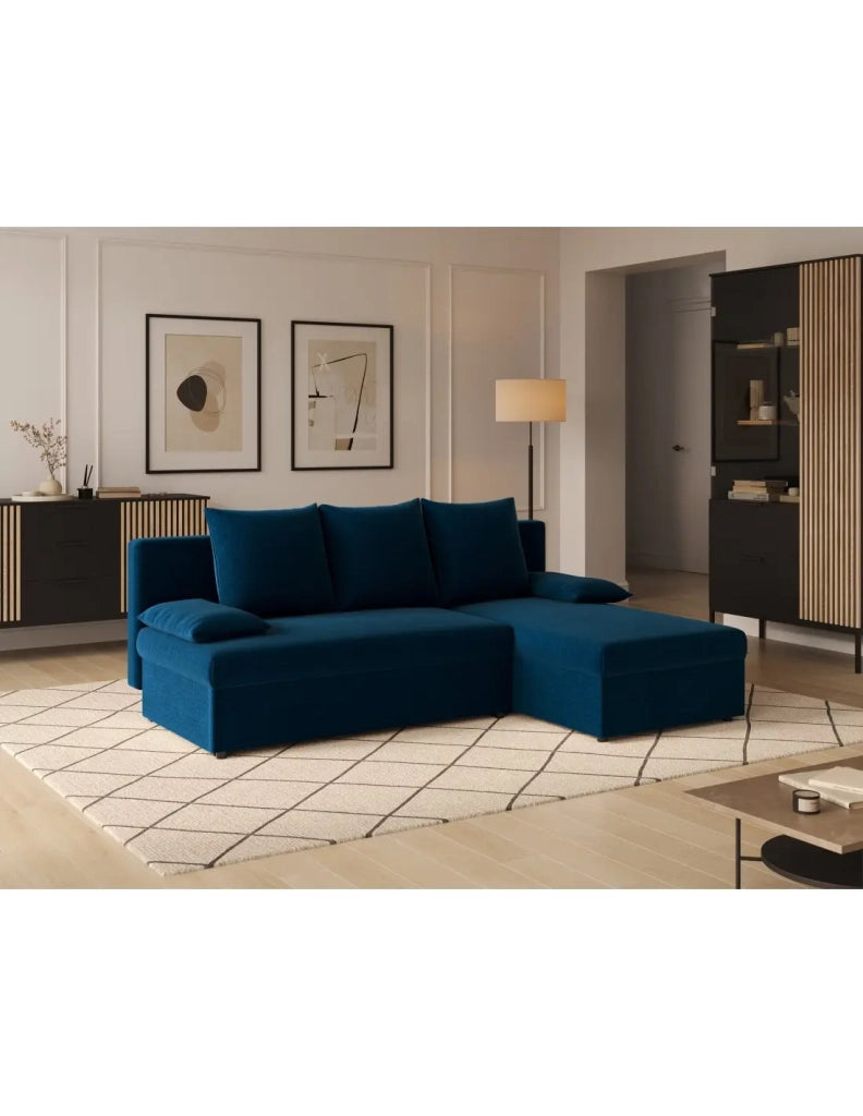 Divano ad angolo Blu notte 3 posti compatto con contenitore 206x90x146cm GINA