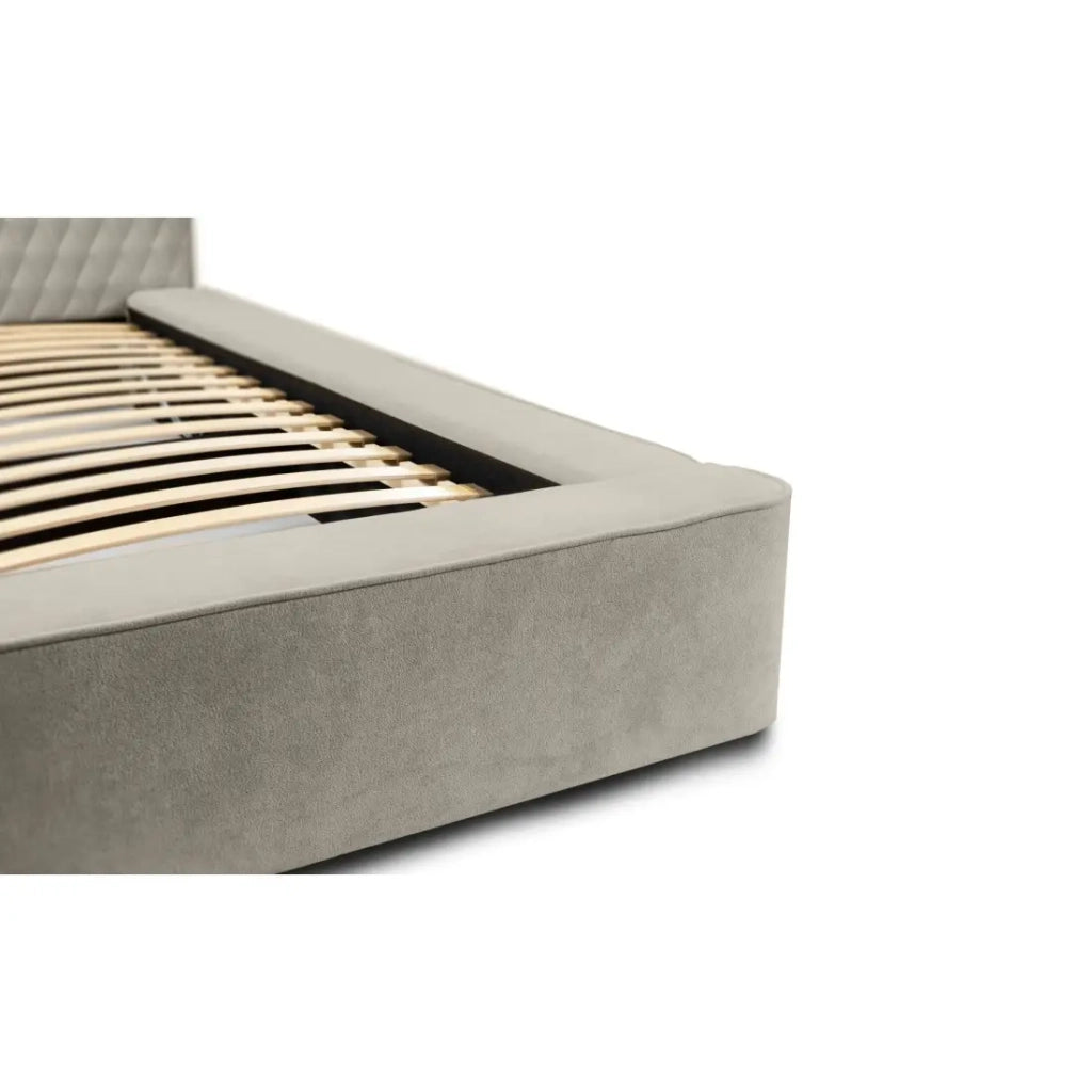 Letto contenitore VERNON – Tessuto bouclé chenille Taupe fumé – 140x200 cm – Rete sollevabile – Design di alta gamma