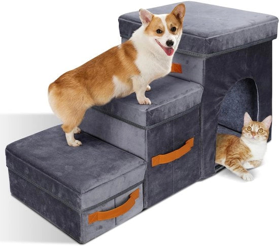 Scale a 3 livelli, trappola per cani pieghevole con cassetto di stoccaggio e passaggio per gatti, gradino per cani con cuscino lavabile, trappola per cani e gatti per letto e divano