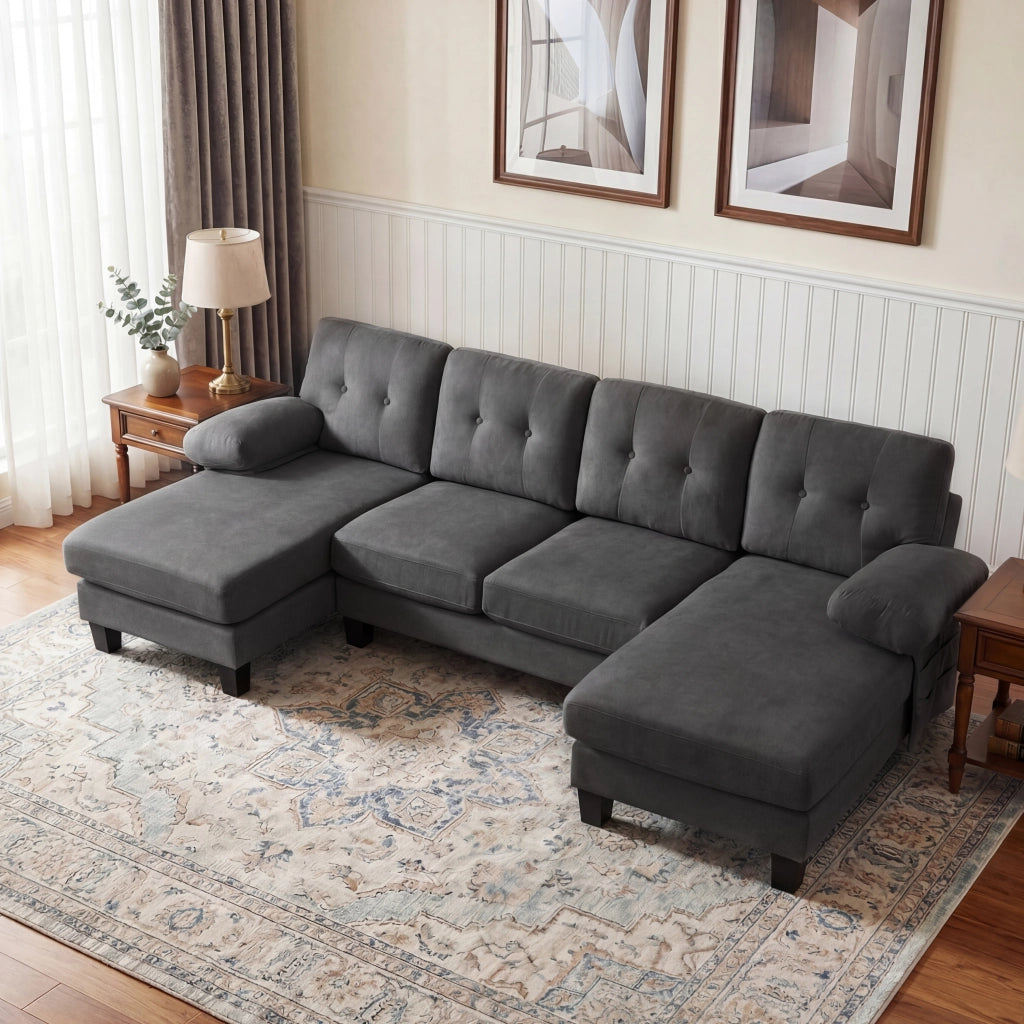 Divano letto angolare 4 posti con chaise longue ¨C MINIMAL ¨C Grigio, tessuto chenille