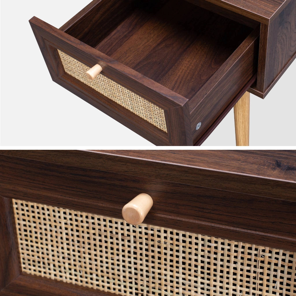 Comodino effetto legno e intrecciatura cannage, 1 cassetto, marrone