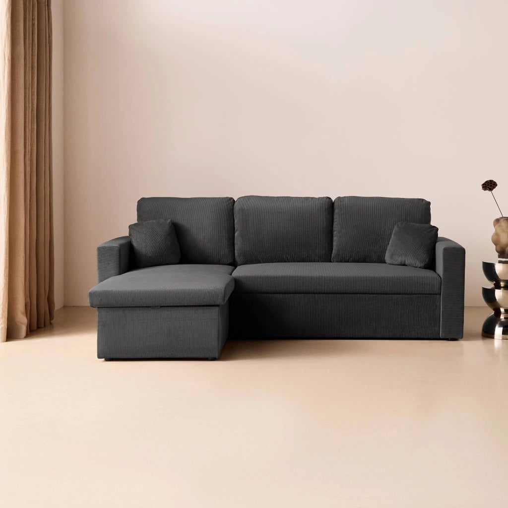 Divano letto angolare reversibile in velluto a coste, 3 posti, grigio
