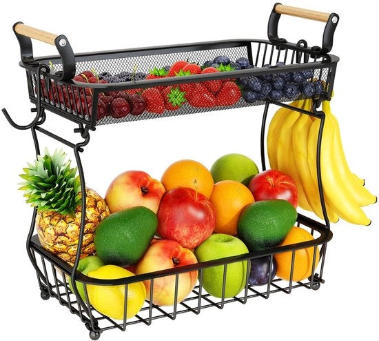 Fruitiera con 2 livelli e grappoli per banane - nero - metallico