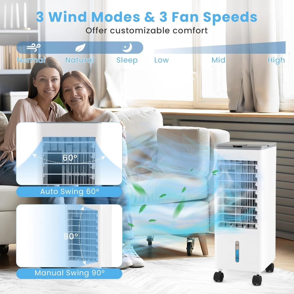 Ventilatore Condizionatore, 3 in 1 Ventilatore & Umidificatore & Raffrescatore, 3 Velocità, 2 Serbatoi d'Acqua, Timer 12H, Telecomando, per Salone, Camera da Letto, Ufficio (Grigio)