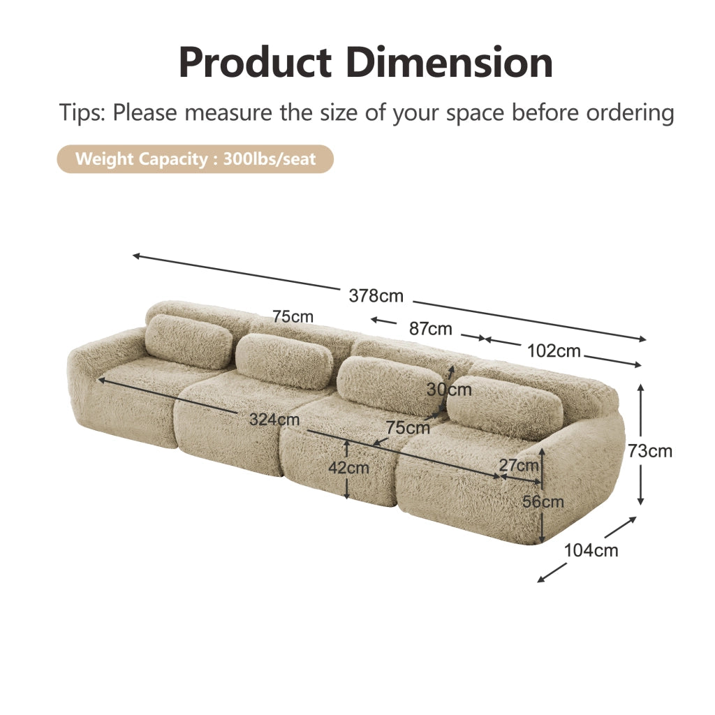 Divano 4 Posti ¨C MINIMAL ¨C Velluto Morbido, Cuscini, Beige Chiaro