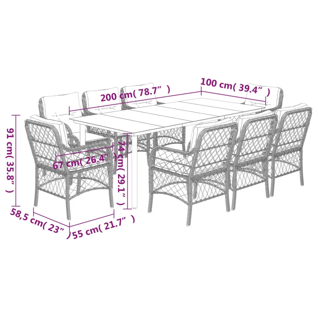 Set da Pranzo da Giardino 9 pz con Cuscini Beige in Polyrattan